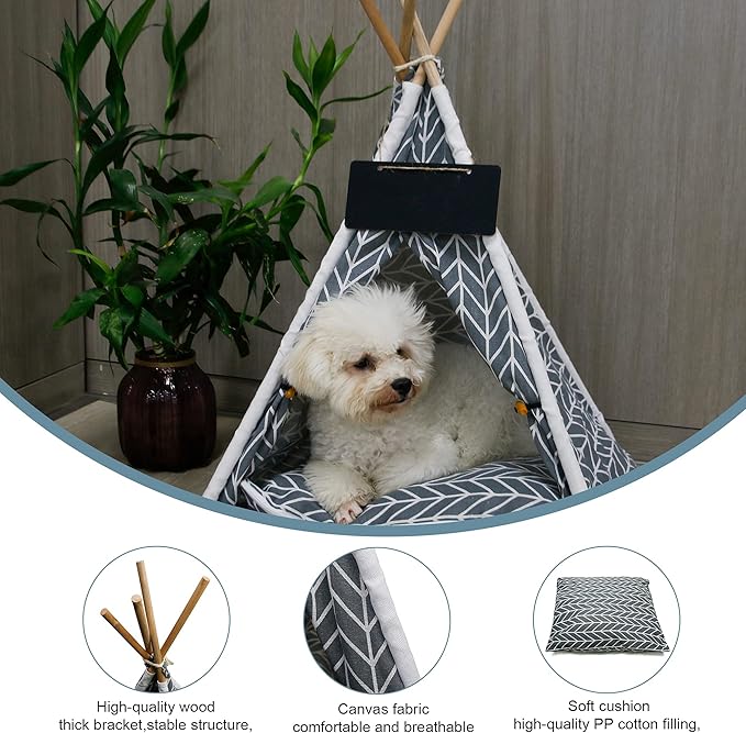 Pet Teepee, Portable Pet Tents for Small Dogs or Cats, Puppy Sweet Bed Washable Dog or Cat Houses with Cushion(Grey,24")