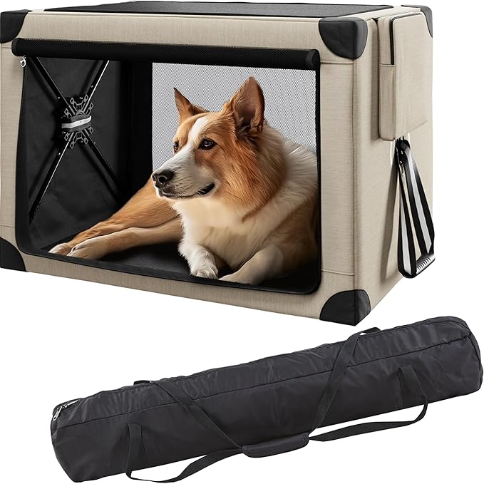 Collapsible Dog Crate - 32 Inch Portable Foldable Travel Crates for Medium Dogs with Detachable Storage Bag, Removable Pad, and Mesh Windows for Outdoor & Indoor (Beige)