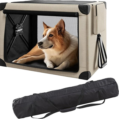 Collapsible Dog Crate - 32 Inch Portable Foldable Travel Crates for Medium Dogs with Detachable Storage Bag, Removable Pad, and Mesh Windows for Outdoor & Indoor (Beige)