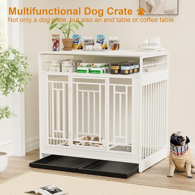 KEIKI Large Dog Crate End Table, Heavy Duty Dog Crate with Drawers, Decorative Indoor Furniture, 43.3" L x 29.5" W x 43.3" H, White