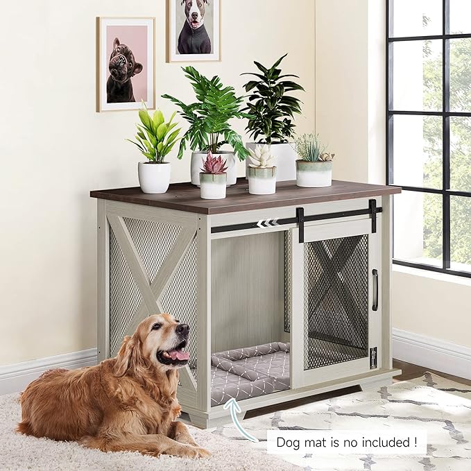 GAOMON 37'' Sliding Barn Door Dog Crate Furniture with Flip Top and Movable Divider, Wooden Dog Crate Table, Dog Kennel Side End Table, White