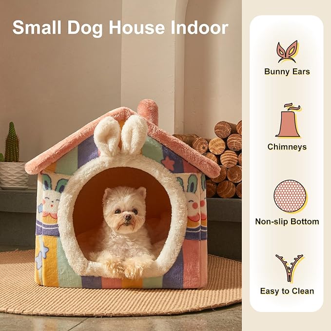 JIUPETY Cute Small Dog House Indoor, Foldable House Kennel Bed Mat with Cushion, L Size Tent Up to 30 Lbs, Dog Cave Bed with Non-Slip Bottom, Rainbow