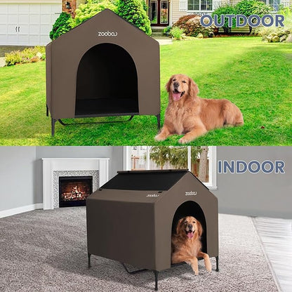 42" 2-in-1 Dog House for Medium Dogs, Elevted Dog House Outdoor/Indoor, Puppy Shelter Outside,Water Resistant 600D PVC and Durable 2x1 Textilene Raised Dog Bed(Brown)