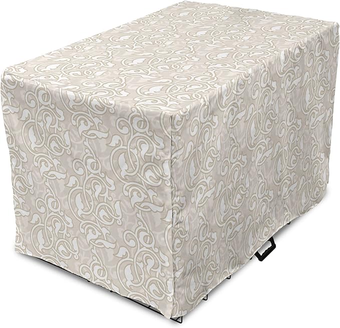Lunarable Cream Dog Crate Cover, Oriental Motifs with Antique Damask Inspired Design Retro Revival Swirls, Easy to Use Pet Kennel Cover for Small Dogs Puppies Kittens, 18 Inch, Beige White