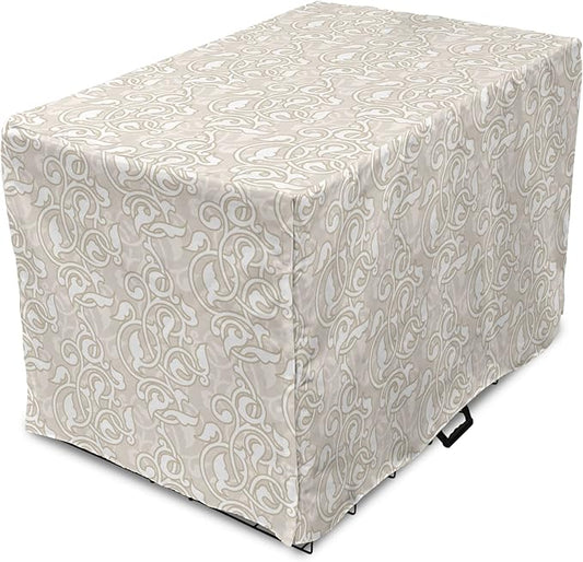 Lunarable Cream Dog Crate Cover, Oriental Motifs with Antique Damask Inspired Design Retro Revival Swirls, Easy to Use Pet Kennel Cover for Medium Large Dogs, 42 Inch, Beige White