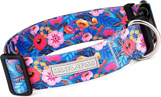 Lucky Love Dog Wide Dog Collar - Adjustable, Durable, Soft Webbing, & Comfortable 1.5 inch Wide Collar for Dogs Male and Female - in Zuzu Pattern with Strong Buckle, X-Large Size