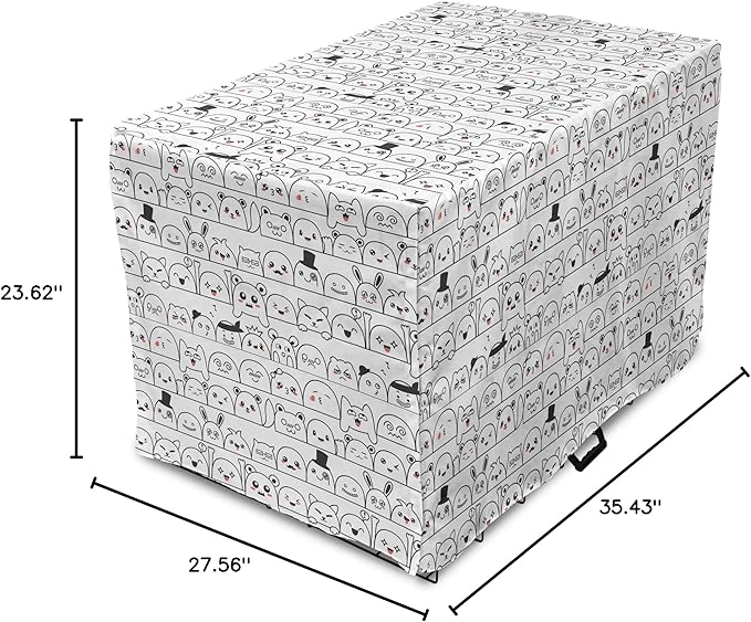 Lunarable Cartoon Dog Crate Cover, Funny Creatures and Monsters Doodle Faces in Manga Style Emotions, Easy to Use Pet Kennel Cover for Medium Large Dogs, 36 Inch, Charcoal Grey Coral White