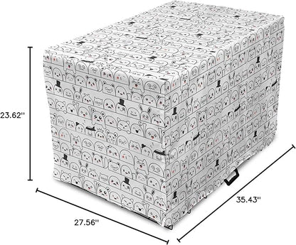 Lunarable Cartoon Dog Crate Cover, Funny Creatures and Monsters Doodle Faces in Manga Style Emotions, Easy to Use Pet Kennel Cover for Medium Large Dogs, 36 Inch, Charcoal Grey Coral White