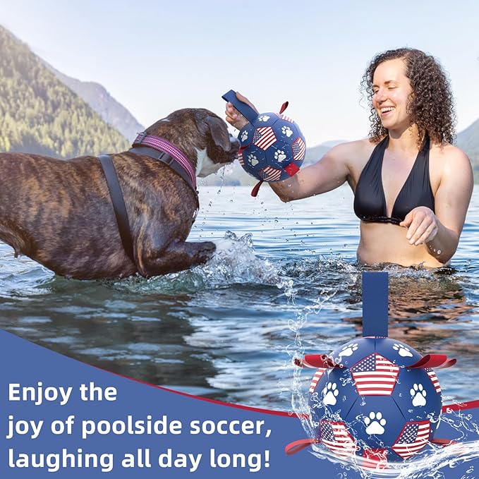 QDAN Dog Toys Soccer Ball with Straps - Durable Dog Balls for Large Dogs, Beach Pool Dog Water Toy, Dog Tug Toys for Tug of War, Puppy Dog Birthday Gifts (8 Inch)
