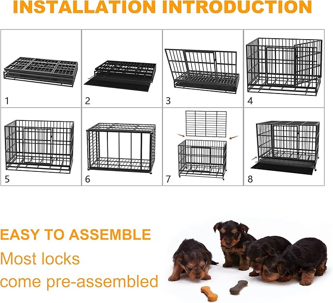 42 inch Heavy Duty Dog Crate with Lockable Wheels, Escape Proof Dog Crate cage Kennel for Large Dogs, High Anxiety Indestructible Dog cage, Double Door and Removable Tray