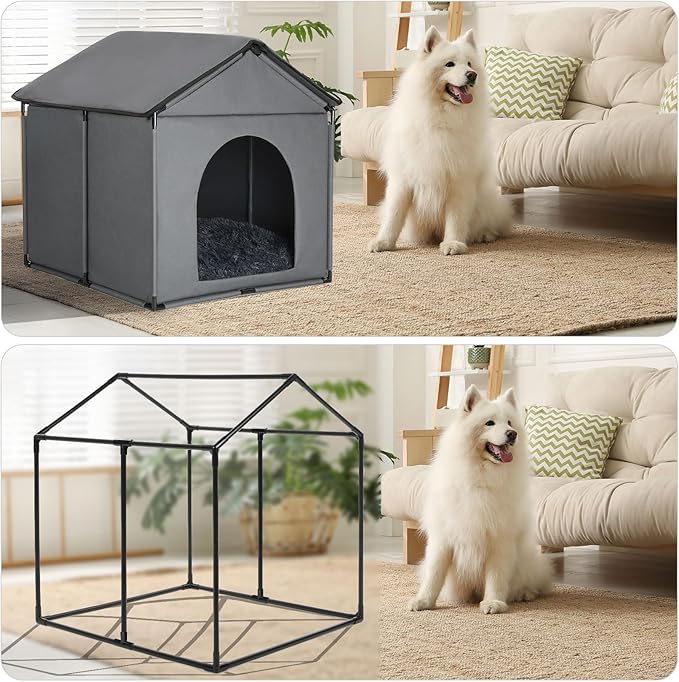 Large Dog House Soft Indoor with Internal Size 30x28x23in for Labrador Husky Samoyed Golden Retriever German Shepherd, Large Pet House with Soft Cushion, Oxford Fabric, 31x30x31in, Gray