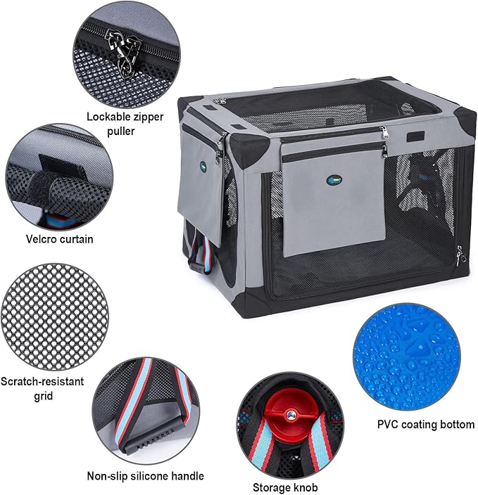 Ownpets Collapsible Dog Crate 32 Inch Portable Travel Dog Soft Crate with Detachable Storage Bag and Double-Sided Mat, 3-Door Dog Kennel for Indoor and Outdoor