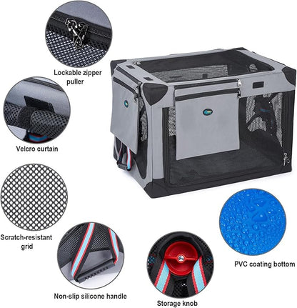 Ownpets Collapsible Dog Crate 32 Inch Portable Travel Dog Soft Crate with Detachable Storage Bag and Double-Sided Mat, 3-Door Dog Kennel for Indoor and Outdoor