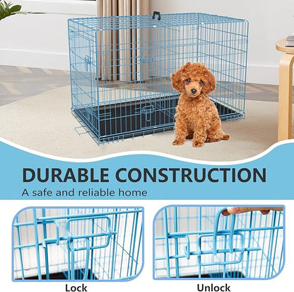 FDW Dog Crate Dog Kennel Cage with Double Door,36 inch Folding Metal Wire Dog Cage with Removable Tray&Divider Panel,Pet Crate for Medium Dogs,Blue