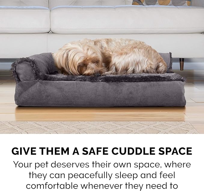 Furhaven Orthopedic Dog Bed for Large Dogs w/ Removable Bolsters & Washable Cover, For Dogs Up to 95 lbs - Plush & Velvet L Shaped Chaise - Platinum Gray, Jumbo/XL