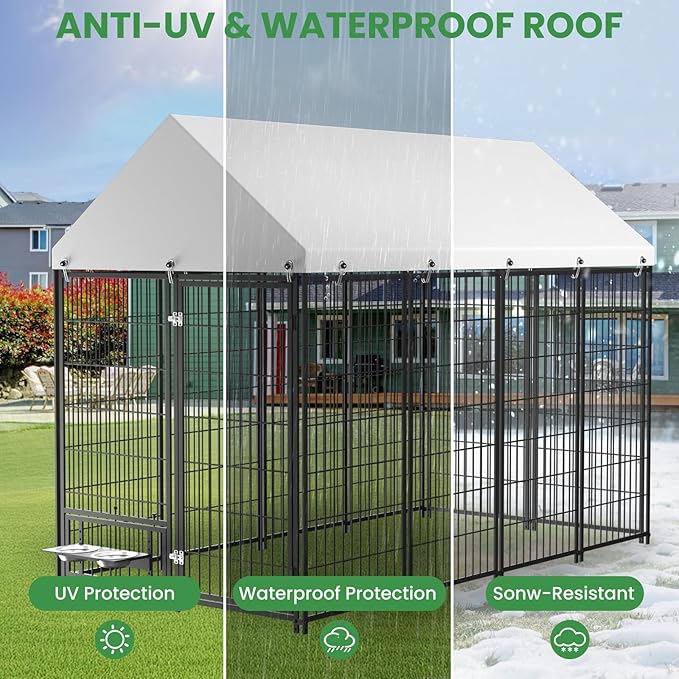 Large Dog Kennel Outside - 7.9 x 4.1 x 5.9 ft Dog Outdoor Kennel with Roof, Outside Dog kennels with Rotating Feeding Bowls, Big Dog Kennel for Dogs