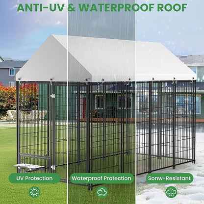 Large Dog Kennel Outside - 7.9 x 4.1 x 5.9 ft Dog Outdoor Kennel with Roof, Outside Dog kennels with Rotating Feeding Bowls, Big Dog Kennel for Dogs
