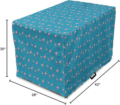 Lunarable Flamingo Dog Crate Cover, Tropical Romance Birds on Wavy Horizontal Stripes Hawaiian Love Doodle, Easy to Use Pet Kennel Cover for Medium Large Dogs, 42 Inch, Azure Blue and Coral