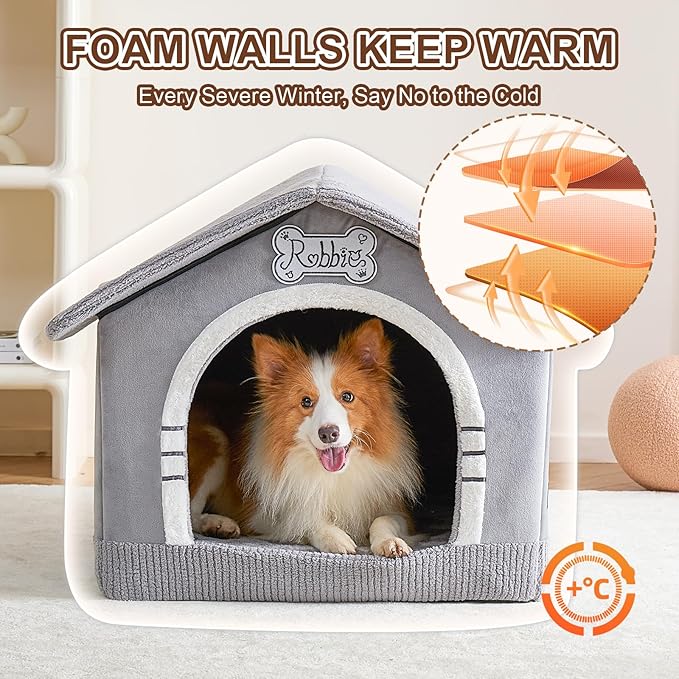 Jiupety Indoor Dog House with Frame, Large Dog Cave Bed, Insulated Cozy, Suitable for 25-60 lb, Large Plus (30"×26"×25"), Gray