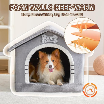 Jiupety Indoor Dog House with Frame, Large Dog Cave Bed, Insulated Cozy, Suitable for 25-60 lb, Large Plus (30"×26"×25"), Gray