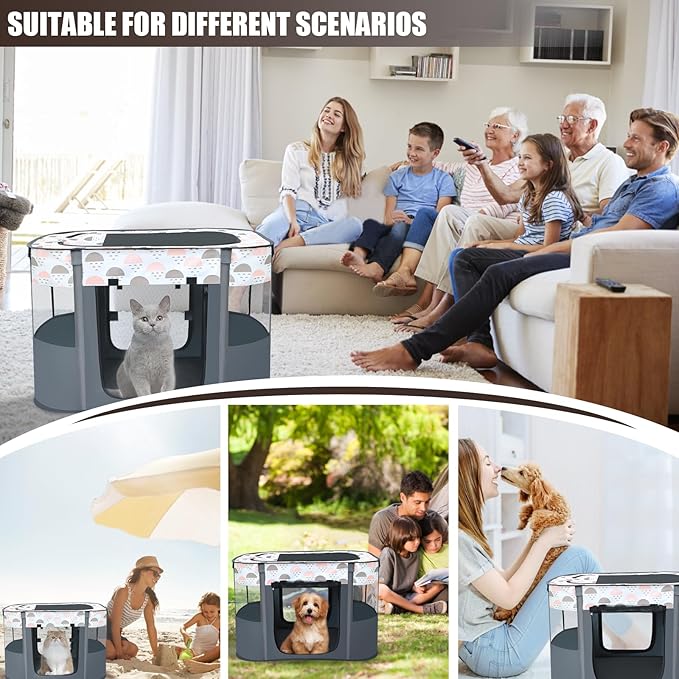 Portable Foldable Pet Playpen with Carrying Case and Travel Pet Bowl, Water Resistant Dog Cat Playpen Crate with Removable Shade Cover, Medium Size: (32*24*22inch), White
