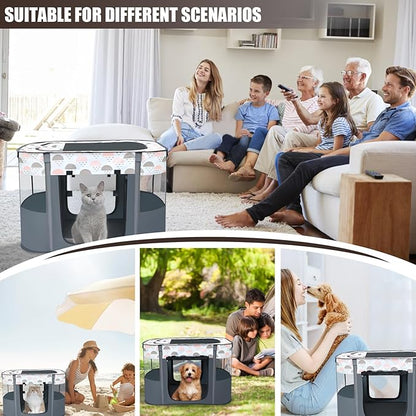 Portable Foldable Pet Playpen with Carrying Case and Travel Pet Bowl, Water Resistant Dog Cat Playpen Crate with Removable Shade Cover, Medium Size: (32*24*22inch), White