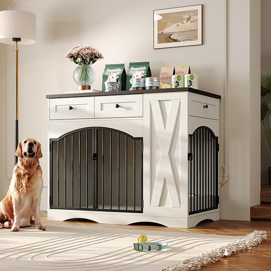 Ball & Cast 43.3" 2-in-1 Dog Crate Furniture,Modern Indoor Kennel with 2 Drawers&Storage Shelves,Double Doors&Double Locks Design for 41-70 lbs Dogs,Living Room,Kitchen,Entryway Side Table,White