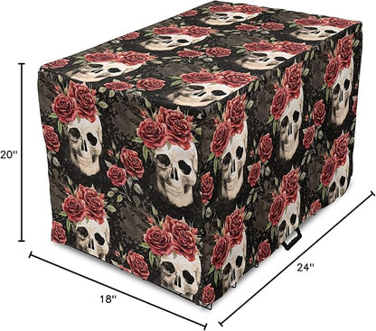 Lunarable Halloween Dog Crate Cover, Mexican Sugar Skull Rose Bouquets Spooky Traditional Humour Culture, Easy to Use Pet Kennel Cover for Cats & Medium Dogs, 24 Inch, Black Grey