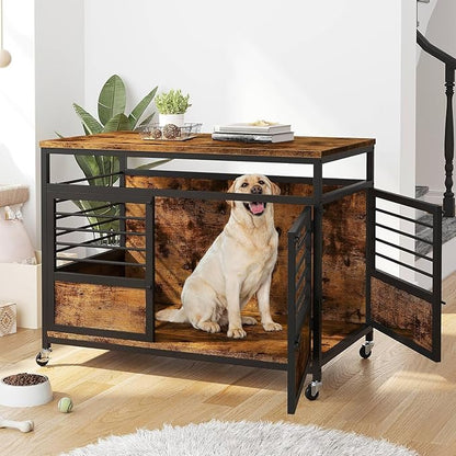 DWVO Dog Crate Furniture, 39 Inch Dog Kennel Indoor Furniture End Table for Dogs, Modern Decorative Wooden Cage with Wheels, Chew-Resistant, Rustic Brown