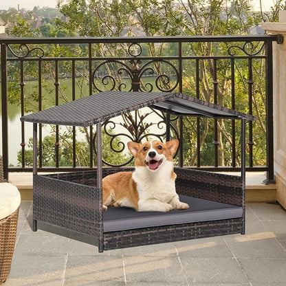 Giantex Wicker Dog House, Raised Rattan Dog Bed with Waterproof Roof, Washable Cushion Cover, Steel Frame, Indoor Outdoor Elevated Dog Bed Pet House for Small Medium Dogs Cats, Easy Assembly