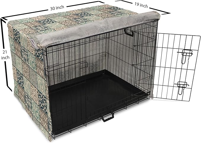 Lunarable Geometric Dog Crate Cover, Antique Mosaic with Victorian Garden Motifs Damask and Scroll Flower, Easy to Use Pet Kennel Cover for Cats & Medium Dogs, 30 Inch, Seafoam Brown Dark Blue