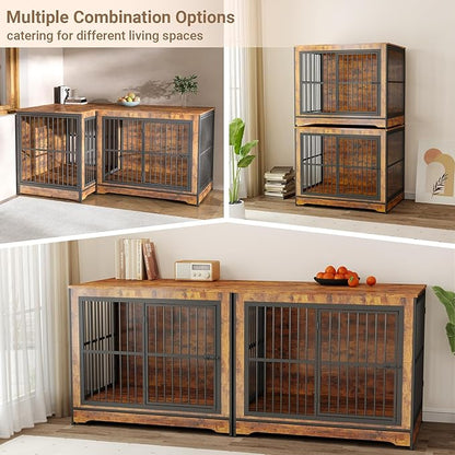 Rovibek Double Dog Crate Furniture, 86 Inch, 2 Dog Crate with Removable Divider & Trays, Furniture Style Dog Cage for 2 Dogs Indoor with Three Doors, Rustic Brown