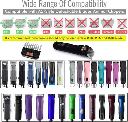 Professional A5 Style Animal Clipper Stainless Steel Color-Coded Snap-on Attachment Guard Guide Comb, 1/8"-1" Compatible with Wahl KM Series Oster A5 Andis Detachable Blade Pet Groomers (#4 - 1/2")