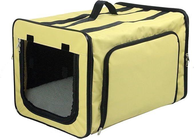 PET LIFE 'Capacious' Dual-Sided Expandable Spacious Wire Folding Collapsible Lightweight Pet Dog Crate Carrier House, Medium, Khaki
