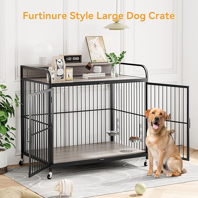 48" L X 30" W X 44.3" H Dog Crate Furniture, Dog Crate Indoor with Adjustable Height Bowls, Wooden Heavy Duty, 48 Inch Dog Kennel Furniture for Large Dogs,Grey