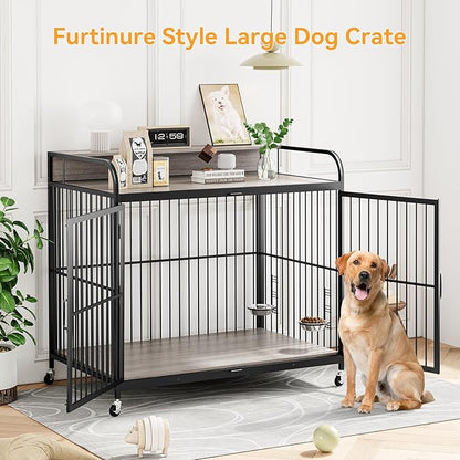 GAOMON 48" Dog Kennel Furniture for Large Dogs,Large Dog Crate, Wooden Heavy Duty, Dog Crate Indoor with Adjustable Height Bowls, 48" L X 29.9" W X 44.3" H,Grey