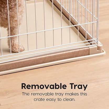 USA Medium Dog Crate, Dog Kennel Indoor with Sliding Door & Bottom Tray, Dog Cage, Wire Pet Pen with Bottom Tray, Stylish Wood-Like Trim, Light Brown