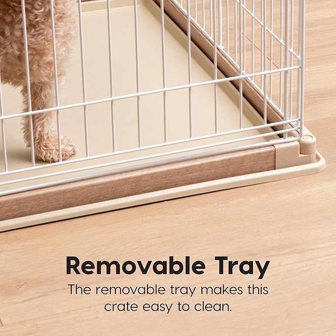 USA Large Dog Crate, Dog Kennel Indoor with Sliding Door & Bottom Tray, Dog Cage, Wire Pet Pen with Bottom Tray, Stylish Wood-Like Trim, Light Brown