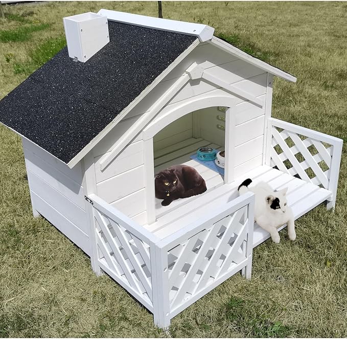 Critter Sitters 27'' Pet House with Porch, Weather-Resistant Dog House for Animals up to 44 Pounds, Waterproof Outdoor Dog House, Ideal for Cats, Dogs, and Rabbits, White Fir Wood Dog Houses