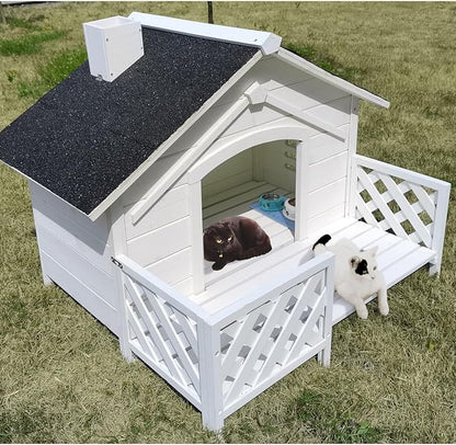 Critter Sitters 27'' Pet House with Porch, Weather-Resistant Dog House for Animals up to 44 Pounds, Waterproof Outdoor Dog House, Ideal for Cats, Dogs, and Rabbits, White Fir Wood Dog Houses