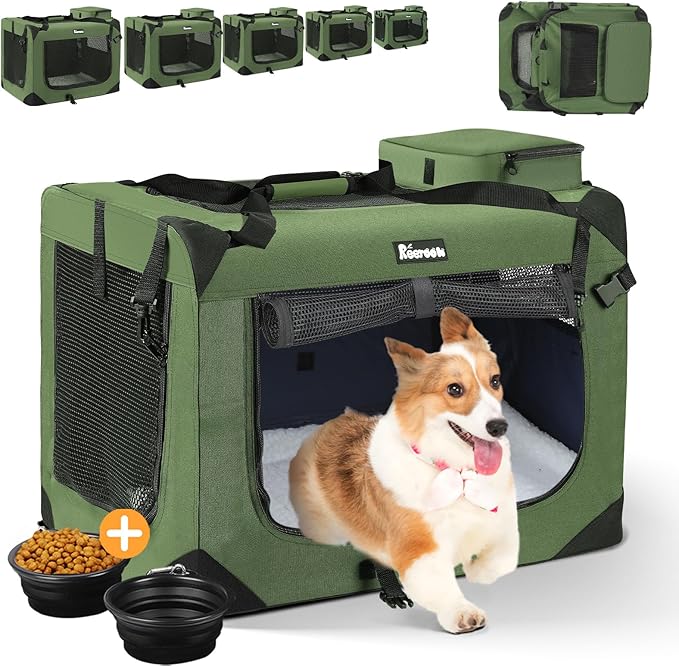 Extra Large Dog Crate with 2 Foldable Bowl, 40 Inch Collapsible Travel Dog Crate Kennel with Soft Blanket for Medium Dogs,Indoor & Outdoor (40" L x 27" W x 27" H, Green)