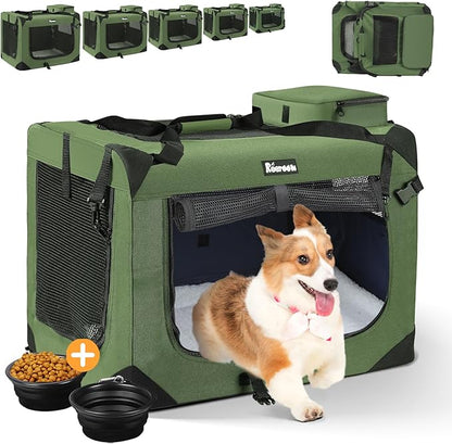 Extra Large Dog Crate with 2 Foldable Bowl, 40 Inch Collapsible Travel Dog Crate Kennel with Soft Blanket for Medium Dogs,Indoor & Outdoor (40" L x 27" W x 27" H, Green)