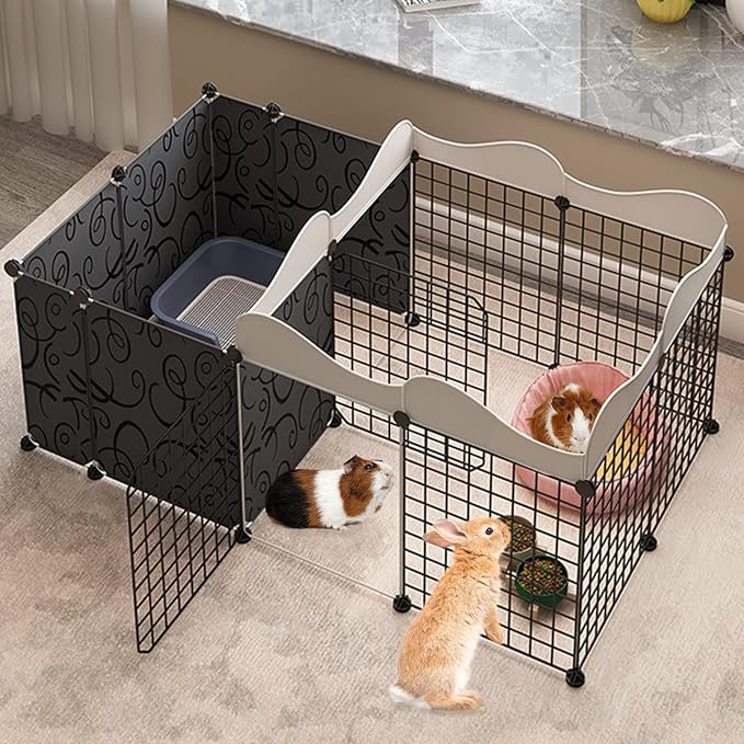 Fhiny Small Animal Playpen, Portable Rabbit Fence Indoor Metal Wire Yard Fence Guinea Pig Cage Playpen Metal Enclosure for Rabbit Guinea Pig Chinchilla Hamster Puppy Kitten with 12 Panels (Black)