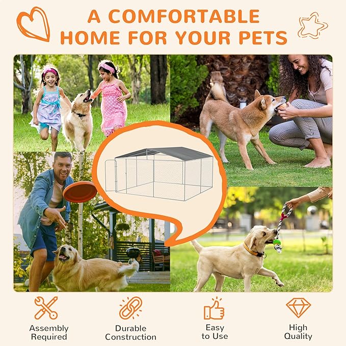 PawHut Large Dog Kennel Outside, Heavy Duty Dog Cage with Waterproof Cover, Outdoor Fence Dog Run with Galvanized Chain Link, Secure Lock, 13' x 13' x 7.5'