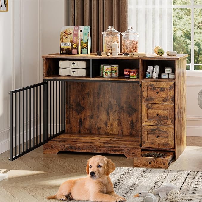 Dog Crate Furniture for Small Dogs, Wooden Dog Kennel Indoor with Storage Shelves, 3 Drawers & Hidden Bowl, Modern Pet Cage Side End Table, up to 120 lb, 48" L, Steel Lock, Retro Brown