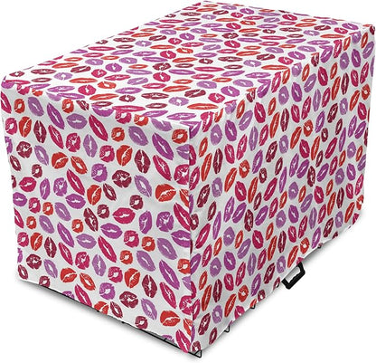 Lunarable Kiss Dog Crate Cover, Fun Colorful Design Lipsticks Kisses Fashion Illustration Print Artwork, Easy to Use Pet Kennel Cover for Medium Large Dogs, 30 Inch, Fuchsia and Raspberry
