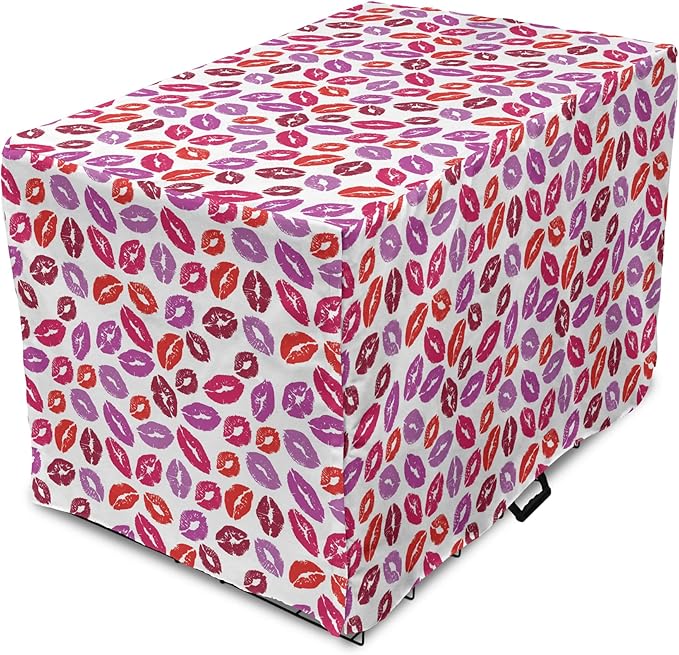 Lunarable Kiss Dog Crate Cover, Fun Colorful Design Lipsticks Kisses Fashion Illustration Print Artwork, Easy to Use Pet Kennel Cover for Medium Large Dogs, 48 Inch, Fuchsia and Raspberry