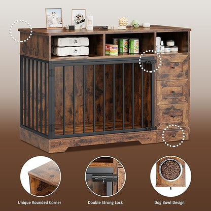 Dog Crate Furniture for Small Dogs, Wooden Dog Kennel Indoor with Storage Shelves, 3 Drawers & Hidden Bowl, Modern Pet Cage Side End Table, up to 120 lb, 48" L, Steel Lock, Retro Brown