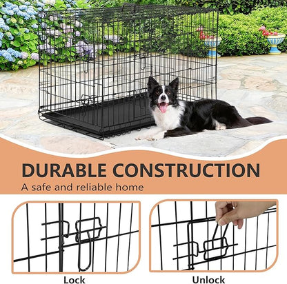 FDW Dog Crate for Large Dogs 42 Inch Folding Metal Wire Pet Cage Double Door W/Divider Panel Indoor Outdoor Kennel Leak-Proof Plastic Tray,Black