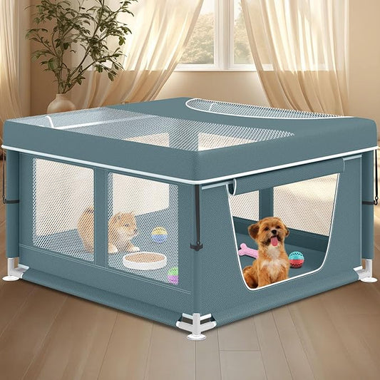 Puppy PlayPen 42 × 42 Inch, Dog Playpen with Gate for Puppies, Cat, Small and Medium Dogs, Pet PlayPen with Roof for Outdoors & Indoors, Thickened Fabric, Safe & Sturdy Dog Fence（Green）